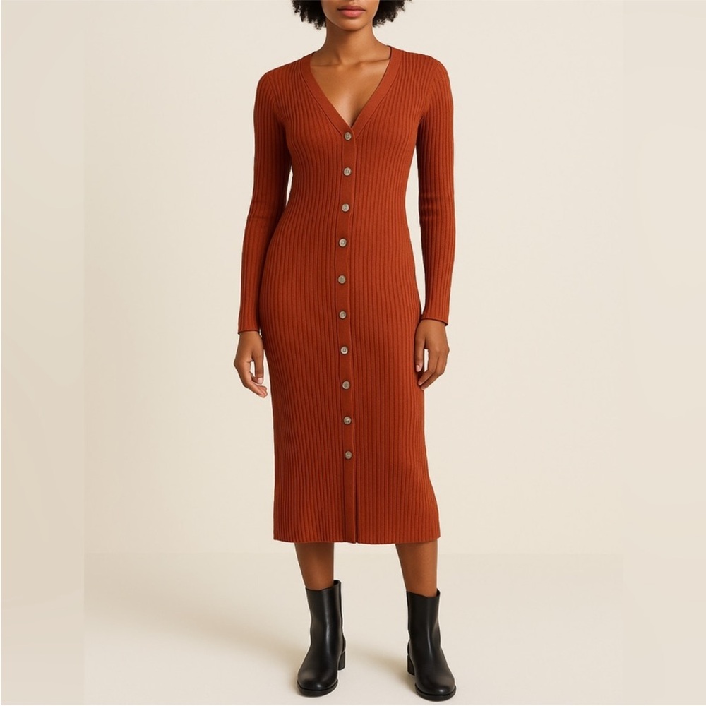 🧡🍂Jessica Simpson Rust Ribbed Midi Button Down Dress🍂🧡 Size Medium